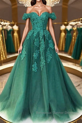 Gorgeous Off Shoulder Green Lace Long Semi Formal Prom Dresses, Green Lace Formal Evening Dresses, Green Ball Gown